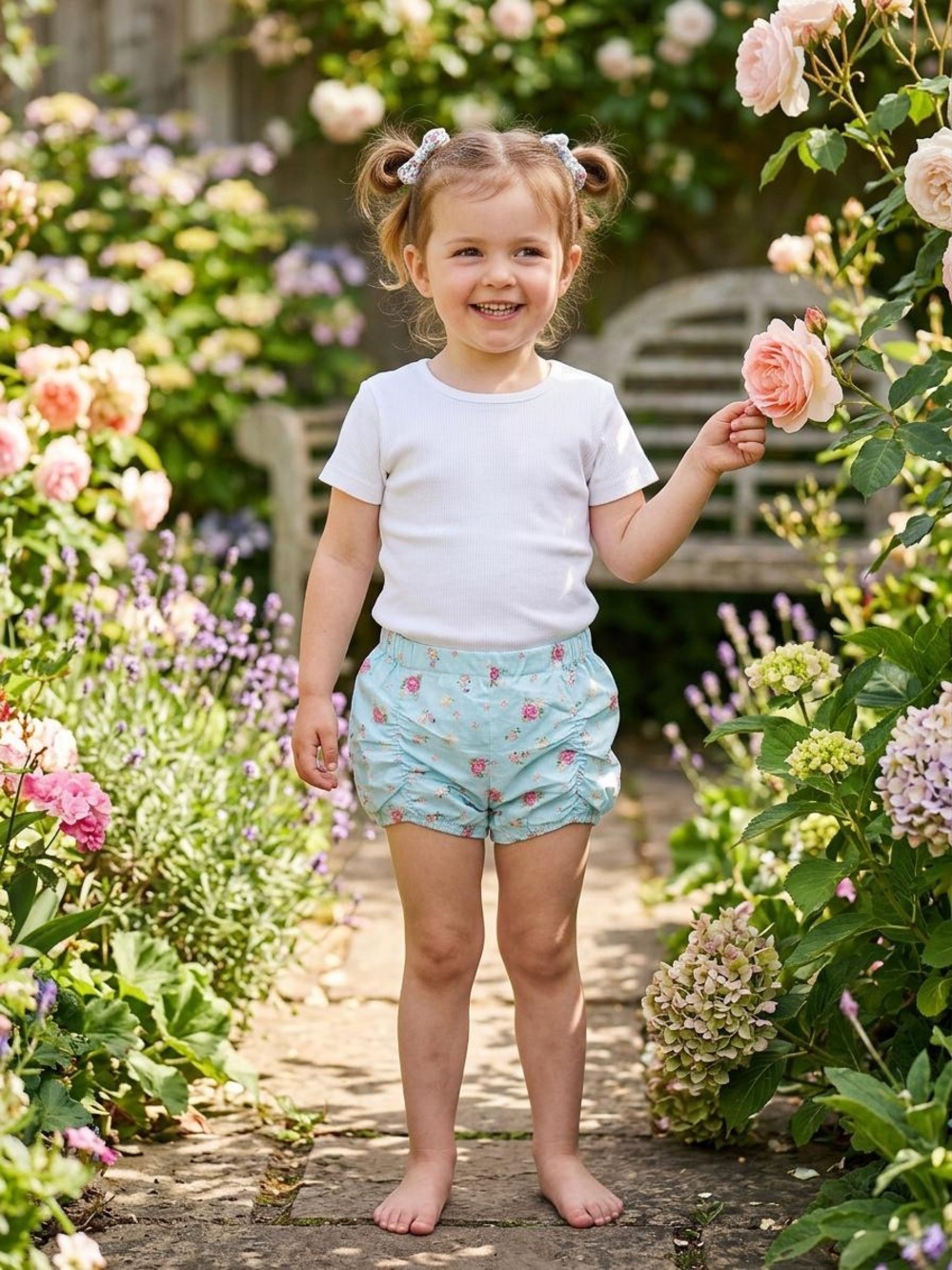 Kids Floral Bubble Shorts in Light Blue